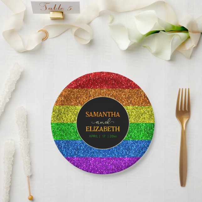 LGBT flag rainbow sparkles gay lesbian wedding Paper Plate (Wedding)
