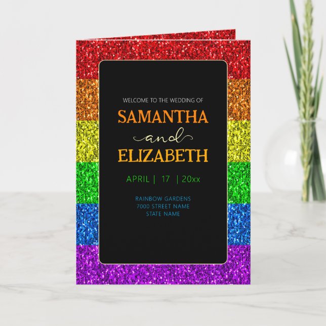 LGBT flag rainbow sparkles gay lesbian wedding Programme (Front)