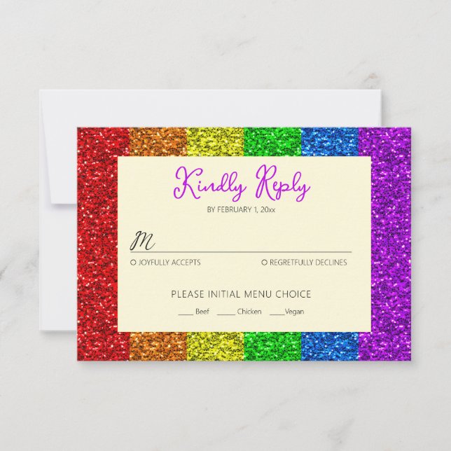 LGBT flag rainbow sparkles gay lesbian wedding RSVP Card (Front)