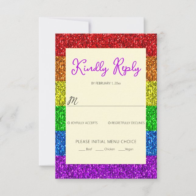 LGBT flag rainbow sparkles gay lesbian wedding RSVP Card (Front)