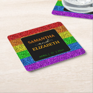 LGBT flag rainbow sparkles gay lesbian wedding Square Paper Coaster