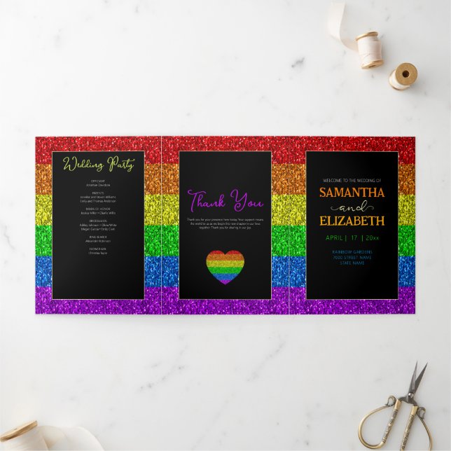 LGBT flag rainbow sparkles gay lesbian wedding Tri-Fold Programme (Outside)