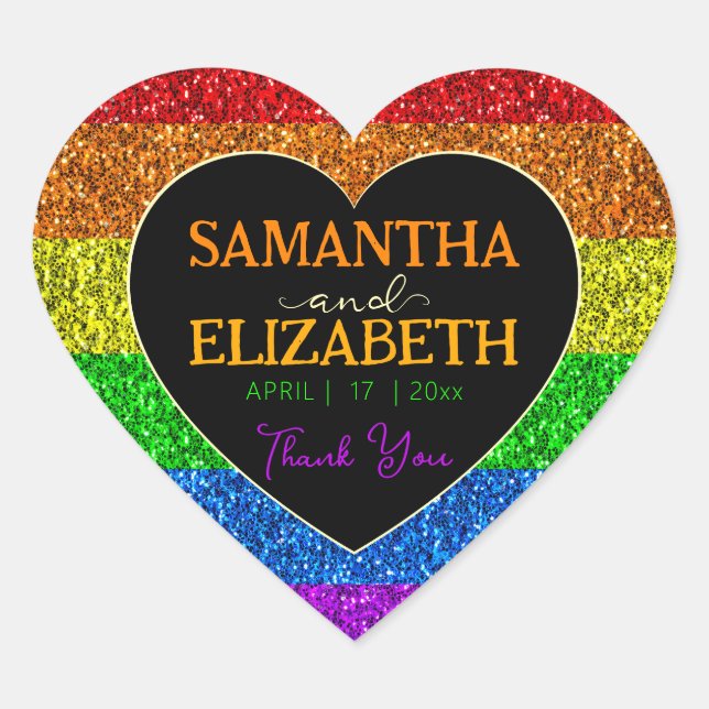 LGBT flag rainbow sparkles heart wedding Thank you Heart Sticker (Front)