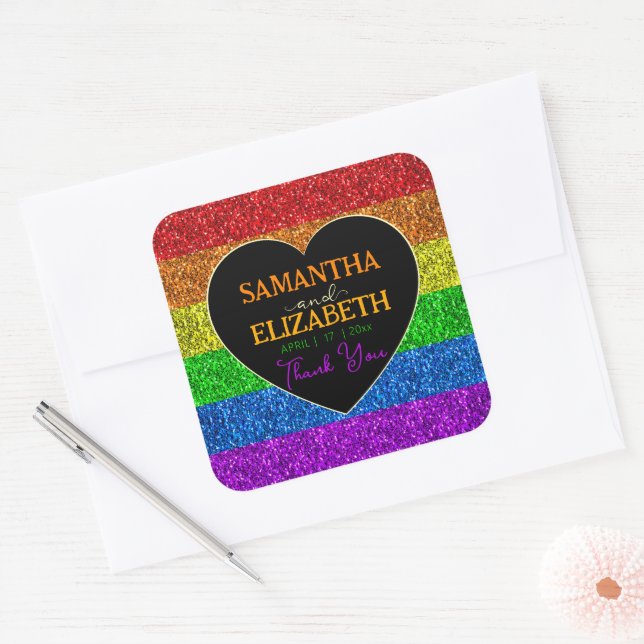 LGBT flag rainbow sparkles heart wedding Thank you Square Sticker (Envelope)