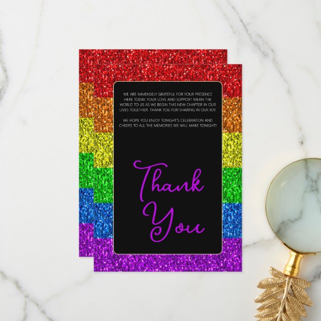 LGBT flag rainbow sparkles lesbian wedding Thank You Card (Front/Back In Situ)