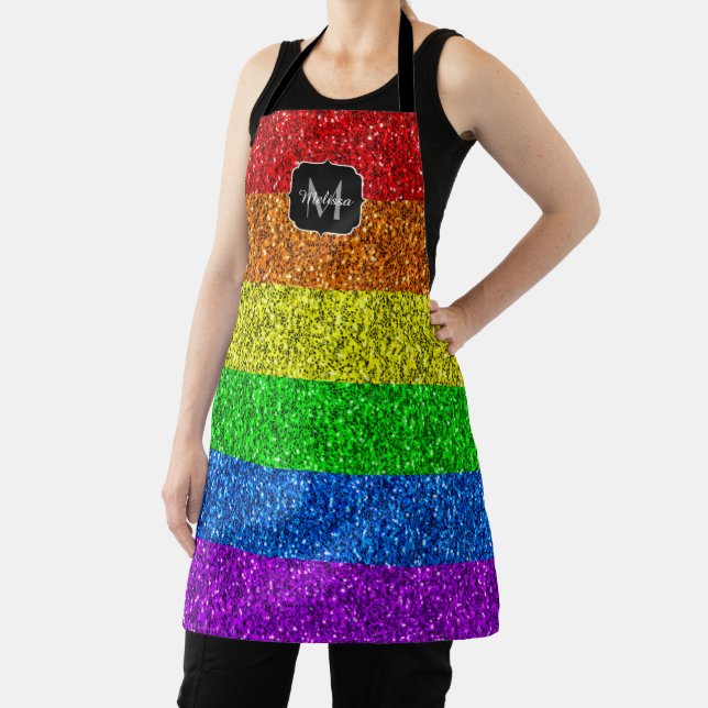 LGBT flag vibrant rainbow glitter sparkle Monogram Apron (Insitu)