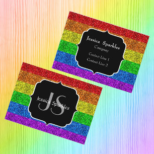 LGBT flag vibrant rainbow glitter sparkle Monogram Business Card