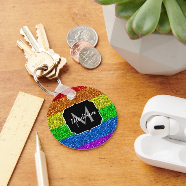 LGBT flag vibrant rainbow glitter sparkle Monogram Key Ring (Desk)