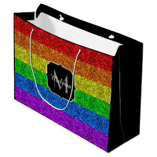 LGBT flag vibrant rainbow glitter sparkle Monogram Large Gift Bag