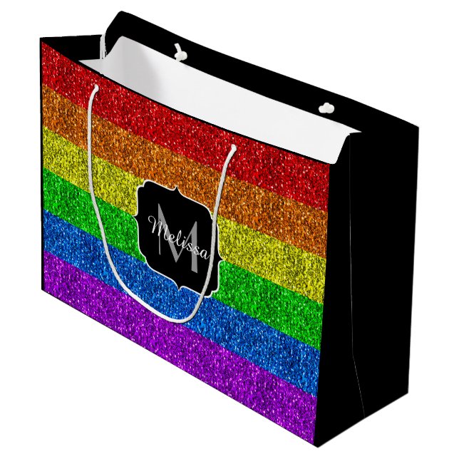 LGBT flag vibrant rainbow glitter sparkle Monogram Large Gift Bag (Front Angled)