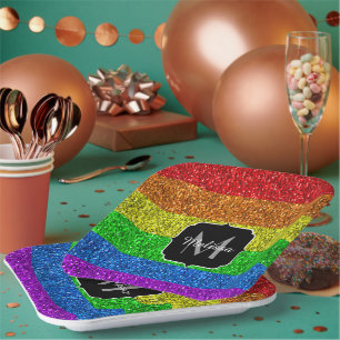 LGBT flag vibrant rainbow glitter sparkle Monogram Paper Plate