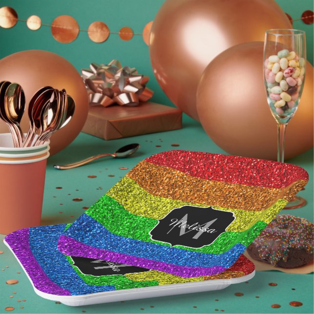 LGBT flag vibrant rainbow glitter sparkle Monogram Paper Plate (Multi)