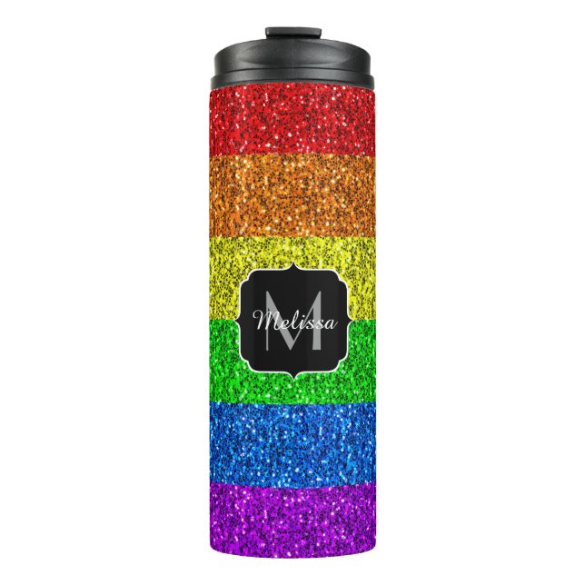 LGBT flag vibrant rainbow glitter sparkle Monogram Thermal Tumbler (Front)