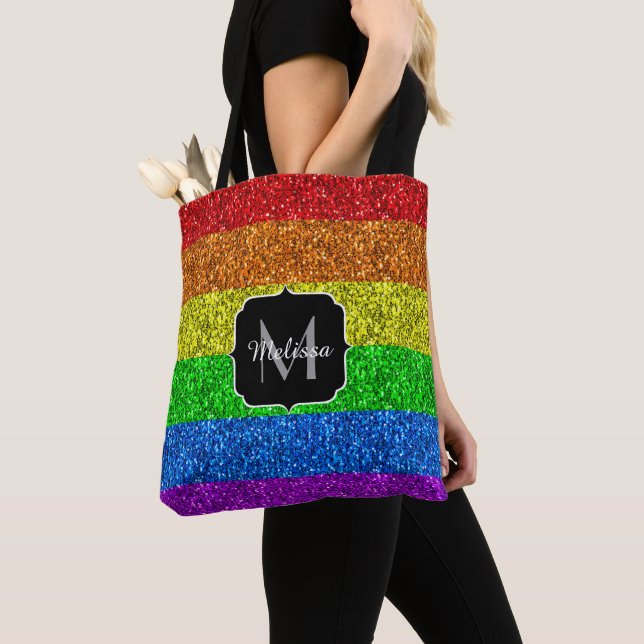LGBT flag vibrant rainbow glitter sparkle Monogram Tote Bag (Close Up)