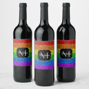 LGBT flag vibrant rainbow glitter sparkle Monogram Wine Label