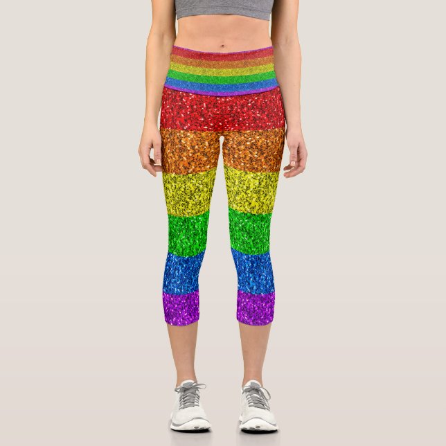 LGBT flag vibrant rainbow glitter sparkles Capri Leggings (Front)