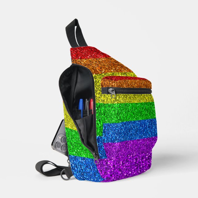 LGBT flag vibrant rainbow glitter sparkles Sling Bag (Open)