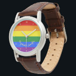 LGBT Gay Lesbian Pride Rainbow Flag Colours Wrist Watch<br><div class="desc">Beautiful, vibrant, LGBT gay pride rainbow flag colours, colourful geometric stripes pattern, custom, personalised, monogrammed stylish classic brown leather strap, silver alloy case, wrist watch. The watch features text in elegant faux gold typography script. Simply enter your name / couples names / wedding date / monogram / initials, to customise....</div>
