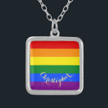 LGBT Gay Lesbian Pride Rainbow Flag Monogrammed Silver Plated Necklace<br><div class="desc">Beautiful, vibrant, LGBT gay pride rainbow flag colours, colourful geometric stripes pattern, custom, personalised, monogrammed, stylish, UV resistant and waterproof, sterling silver finish metal square charm necklace. The necklace features text in elegant faux gold typography script. Simply enter your name / couples names / wedding date / monogram / initials,...</div>