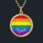 LGBT Gay Lesbian Pride Rainbow Flag Personalised Gold Plated Necklace<br><div class="desc">Beautiful, vibrant, LGBT gay pride rainbow flag colours, colourful geometric stripes pattern, custom, personalised, monogrammed, stylish, UV resistant and waterproof, gold finish metal round charm necklace. The necklace features text in elegant faux gold typography script. Simply enter your name / couples names / wedding date / monogram / initials, to...</div>