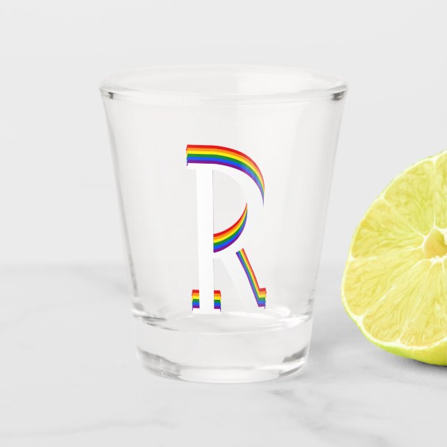 LGBT Gay Pride Rainbow Flag Custom Monogram R Shot Glass (Front)