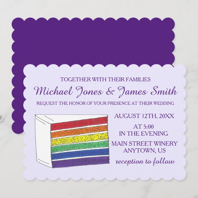 LGBT Gay Pride Rainbow Layer Wedding Cake Slice Invitation (Front/Back)