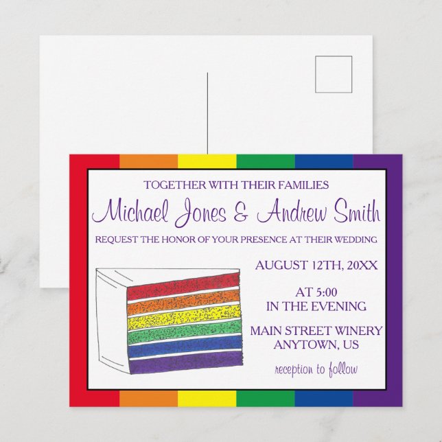 LGBT Gay Pride Rainbow Layer Wedding Cake Slice Invitation Postcard (Front/Back)