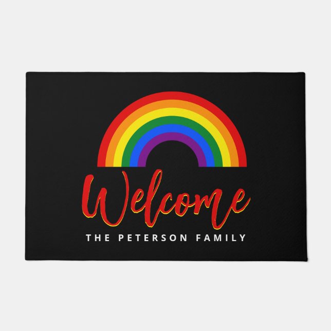 LGBT | Gay Pride Rainbow Personalise Black Doormat (Front)