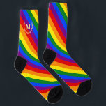LGBT Gay Pride Rainbow Stripes Colourful Flag LGBT Socks<br><div class="desc">Beautiful, vibrant, LGBT gay pride rainbow flag colours, colourful geometric stripes pattern, custom, personalised, beautiful elegant faux gold typography script monogram / initials, monogrammed, true one size fits all, super soft, stretchy, made from recycled plastic bottles, sustainable premium polyester crew socks with a reinforced toe and heel. To customise, simply...</div>