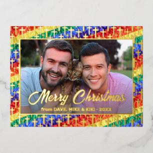 LGBT gay rainbow flag cross Christmas custom photo Foil Holiday Postcard