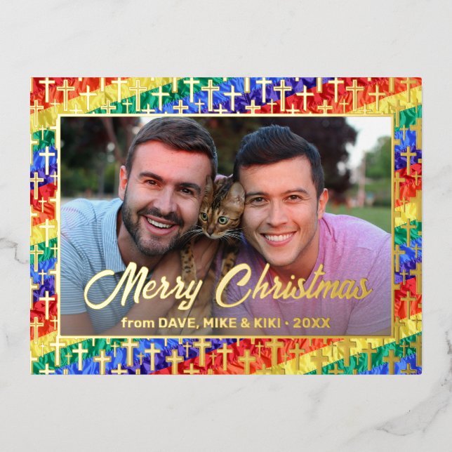 LGBT gay rainbow flag cross Christmas custom photo Foil Holiday Postcard (Front)