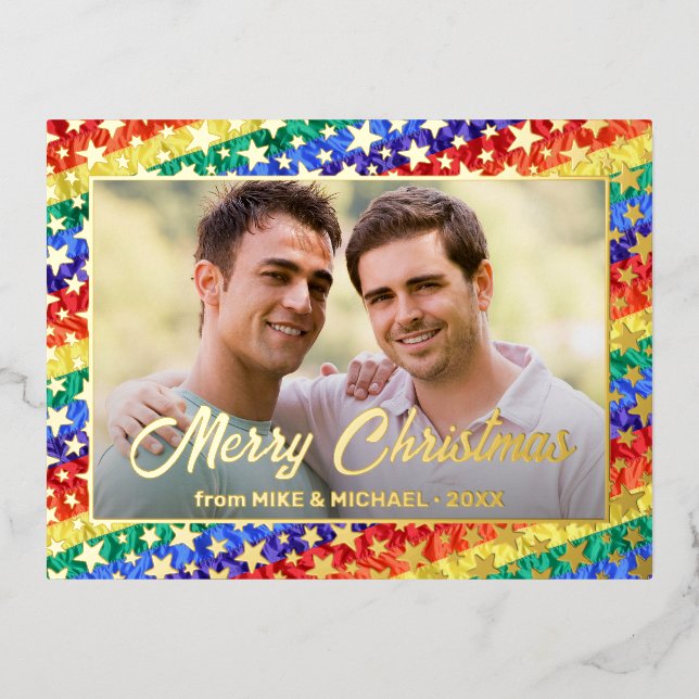 LGBT gay rainbow flag star custom photo Christmas  Foil Holiday Postcard (Front)