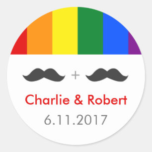 LGBT Gay Wedding Moustaches Rainbow Classic Round Sticker