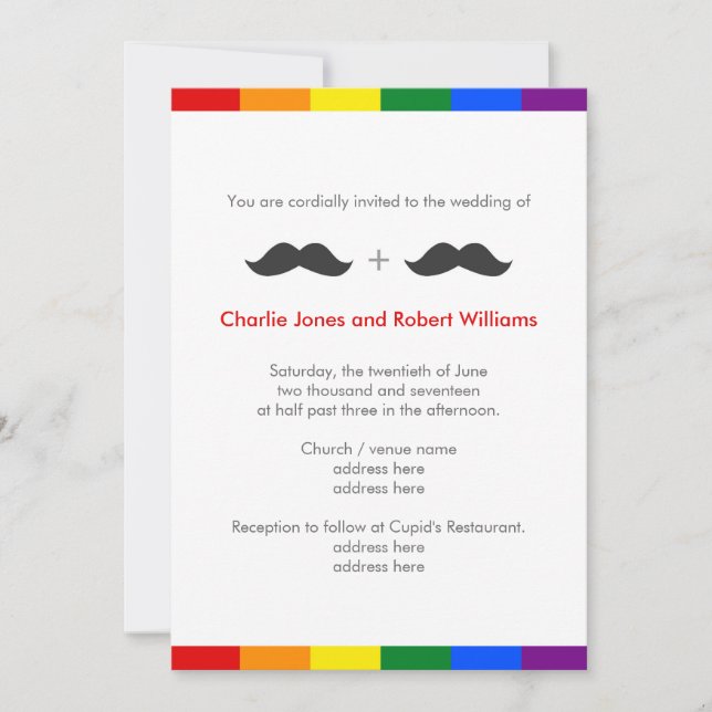LGBT Gay Wedding Moustaches Rainbow Invitation (Front)