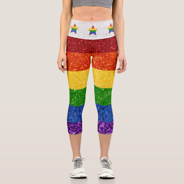 LGBT Glitter Rainbow Pride Flag Capri Leggings (Front)