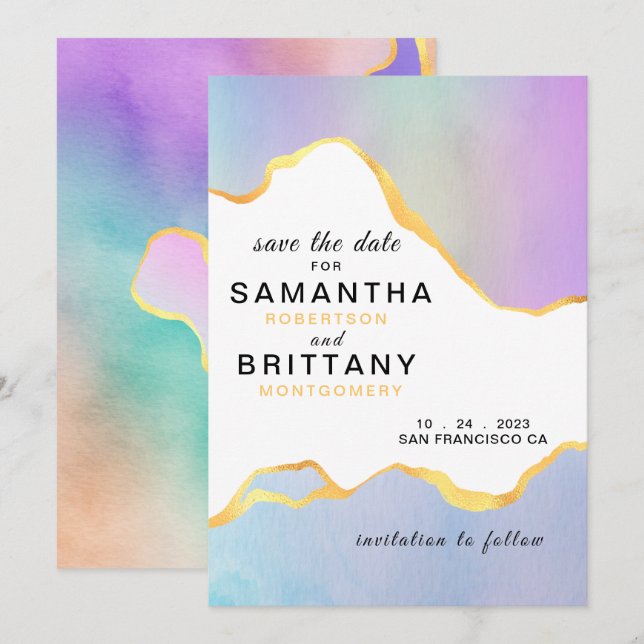 LGBT Gold Rainbow Watercolor Wedding Save the Date Invitation (Front/Back)