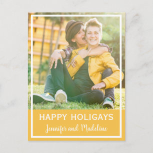 LGBT Happy Holigays Christmas Photo Mustard Yellow Holiday Postcard