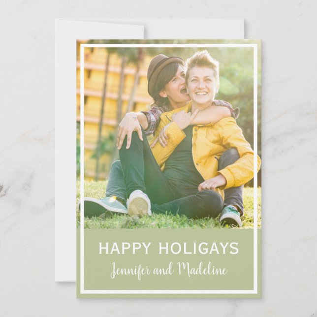 LGBT Happy Holigays Christmas Photo Olive Green Holiday Card (Front)