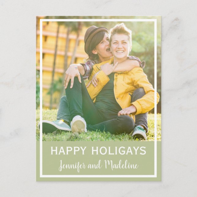 LGBT Happy Holigays Christmas Photo Olive Green Holiday Postcard (Front)