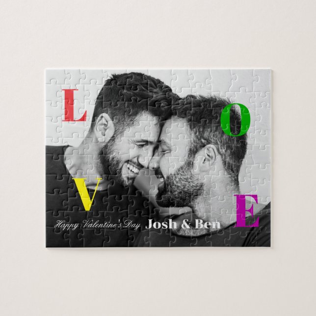 LGBT Happy Valentine's Day Custom Photo Monogram Jigsaw Puzzle (Horizontal)