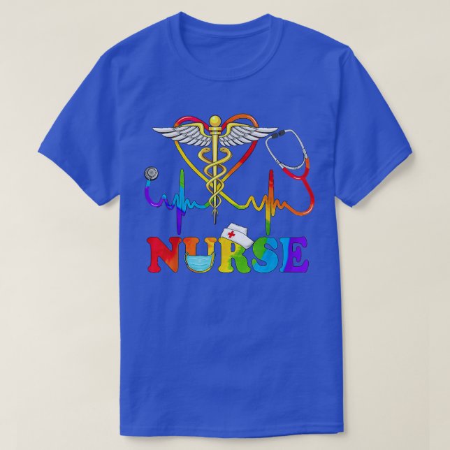 LGBT Hearbeat Stethoscope Caduceus Nurse Rainbow F T-Shirt (Design Front)