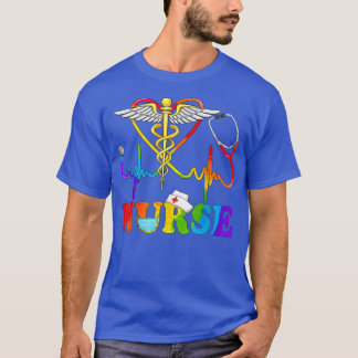 LGBT Hearbeat Stethoscope Caduceus Nurse Rainbow F T-Shirt