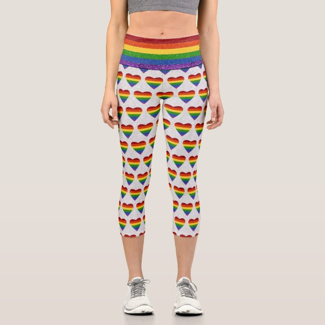 LGBT Heart Pride Flag Glitter Capri Leggings (Front)
