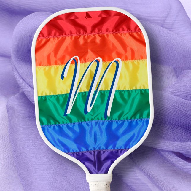 LGBT LGBTQ Rainbow Flag Rainbow Stripes Monogram Pickleball Paddle (Creator Uploaded)