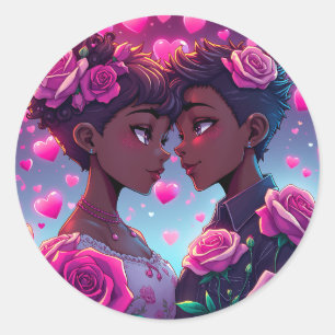 LGBT Love African-American Anime Couple Classic Round Sticker
