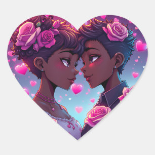 LGBT Love African-American Anime Couple Heart Sticker