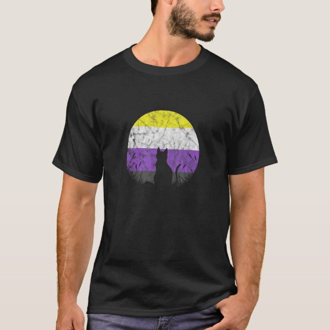 LGBT Non Binary Flag Cat Moon Genderqueer Enby Dis T-Shirt (Front)