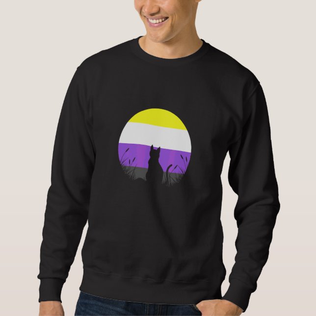 LGBT Non Binary Flag Cat Moon Genderqueer Enby Sweatshirt (Front)