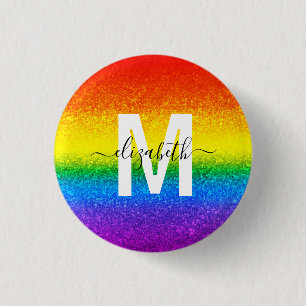 LGBT Pride Glitter Rainbow Striped Monogram Name 3 Cm Round Badge