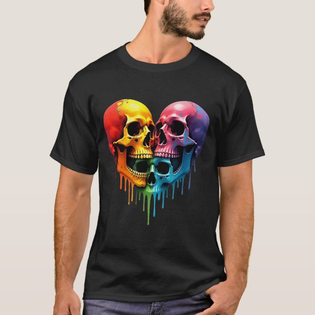Lgbt Pride Halloween Horror Skeleton Skull Rainbow T-Shirt (Front)